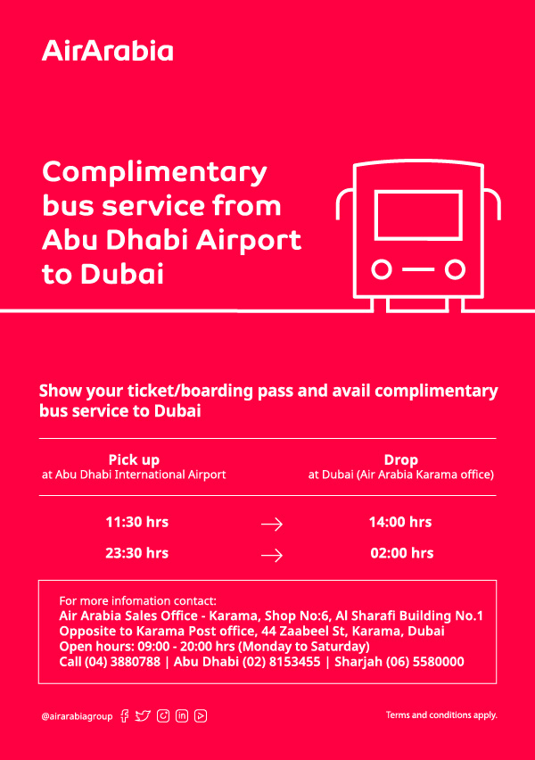 Complimentary bus service from Abu Dhabi Airport to Dubai | Air Arabia